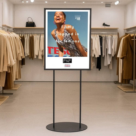 Black A1 Floor Standing Double-Sided Poster Display Stand with Oval Base – Contemporary Aluminium Info Board