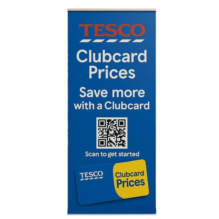 Tesco Clubcard promotional banner printed on a freestanding display stand for commercial use

