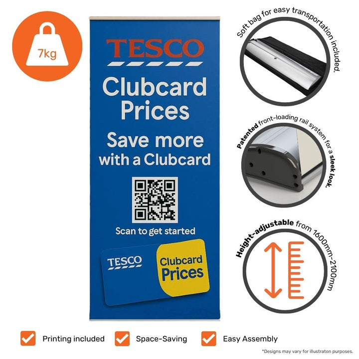 Tesco-themed roll-up banner graphic displayed on a heavy-duty pull-up stand with printed Clubcard promotion


