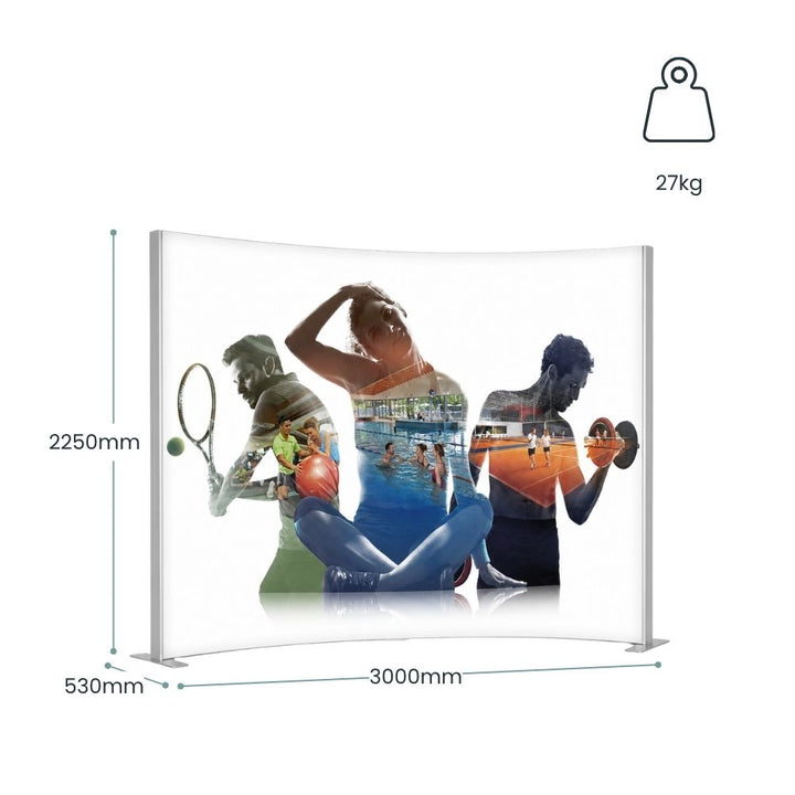 Three metre curved display wall with annotated dimensions, 27kg weight specification and aluminium frame for exhibition and retail environments.