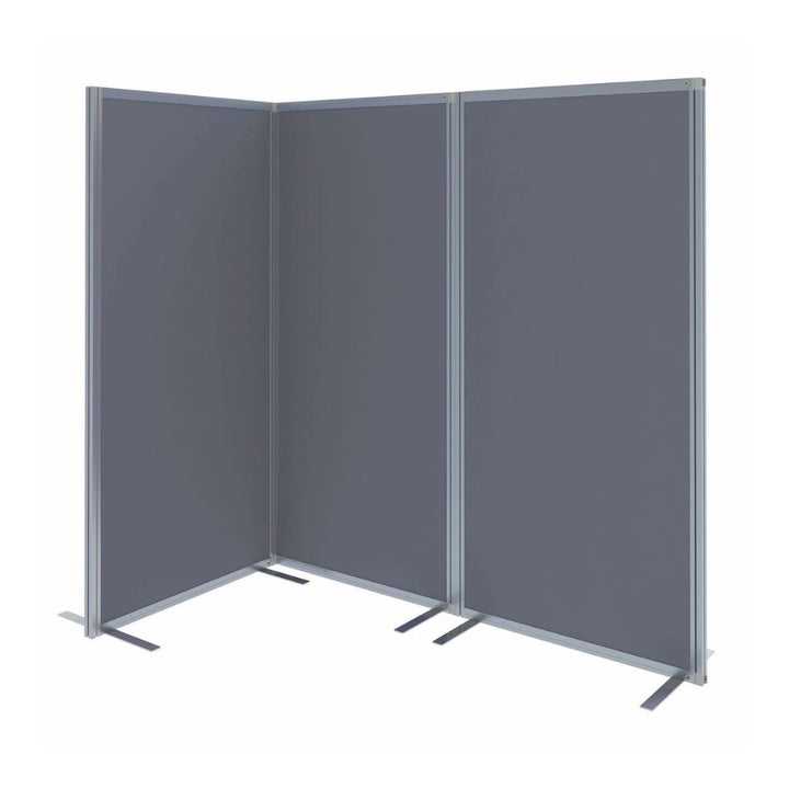 Three-panel free-standing office divider with grey felt panels and silver frame, arranged in a zigzag shape on a white background with sturdy support feet.

