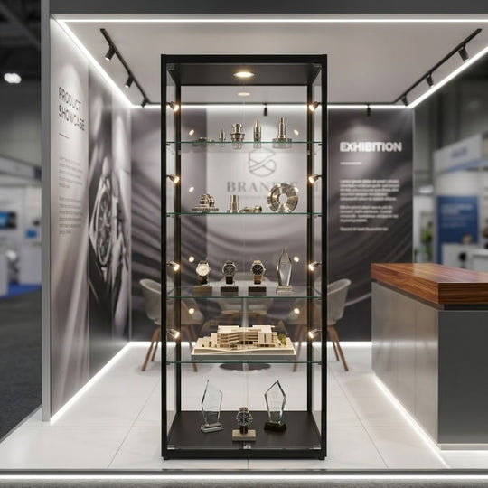 Black Aluminium Glass Display Cabinet Lockable with 4 Adjustable Shelves & 9 LED Lights 1800mm High x 600mm Wide