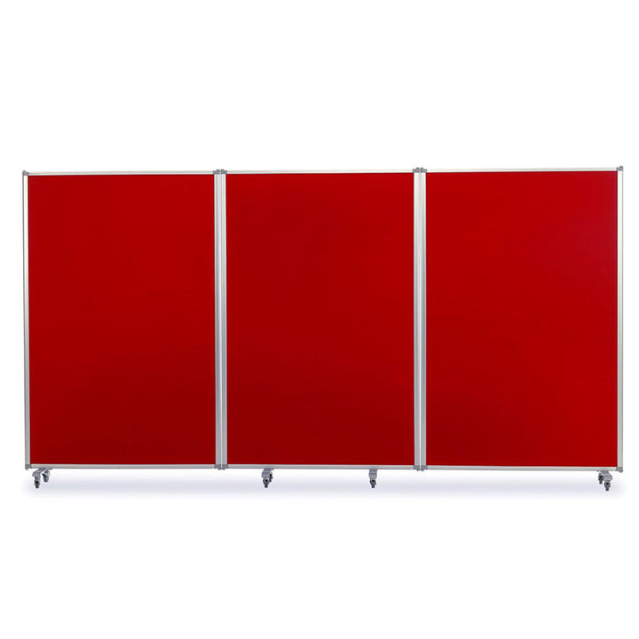 Freestanding triple panel room divider with red felt surfaces in a slim aluminium frame, moving on castors to reconfigure a space.