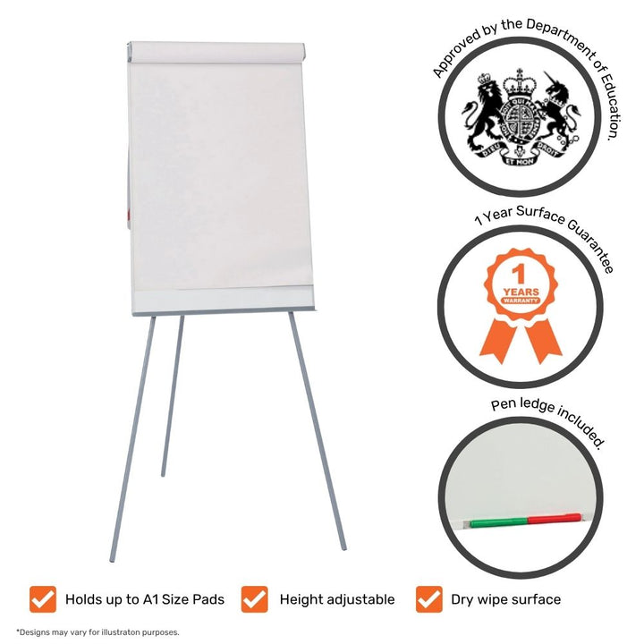 Tripod flipchart easel with educational approval, 1-year surface guarantee, pen ledge, and icons for A1 pad compatibility, height adjustment, and dry wipe surface

