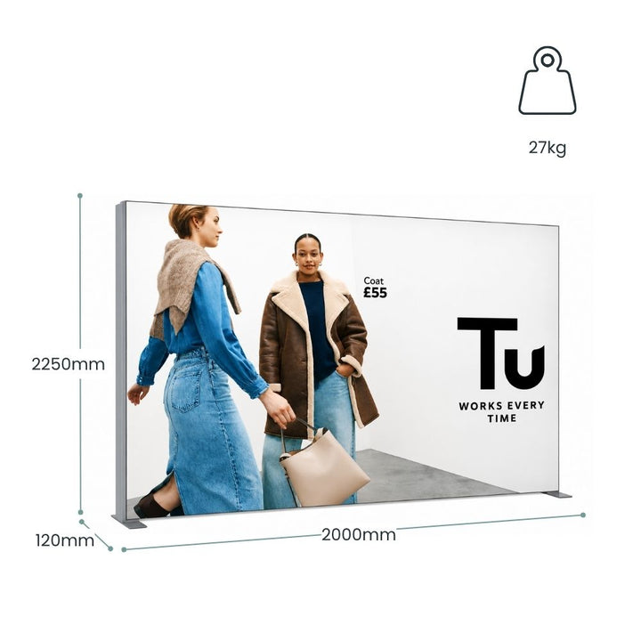 Tu branded freestanding display wall with annotated dimensions, 27kg weight specification and high-definition retail fashion graphics.