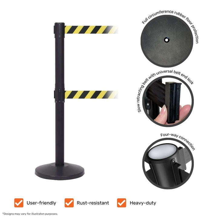 Rubber base protection, slow-retracting belt cassette and four-way connection on this twin chevron barrier — heavy-duty for retail, events and government sites.
