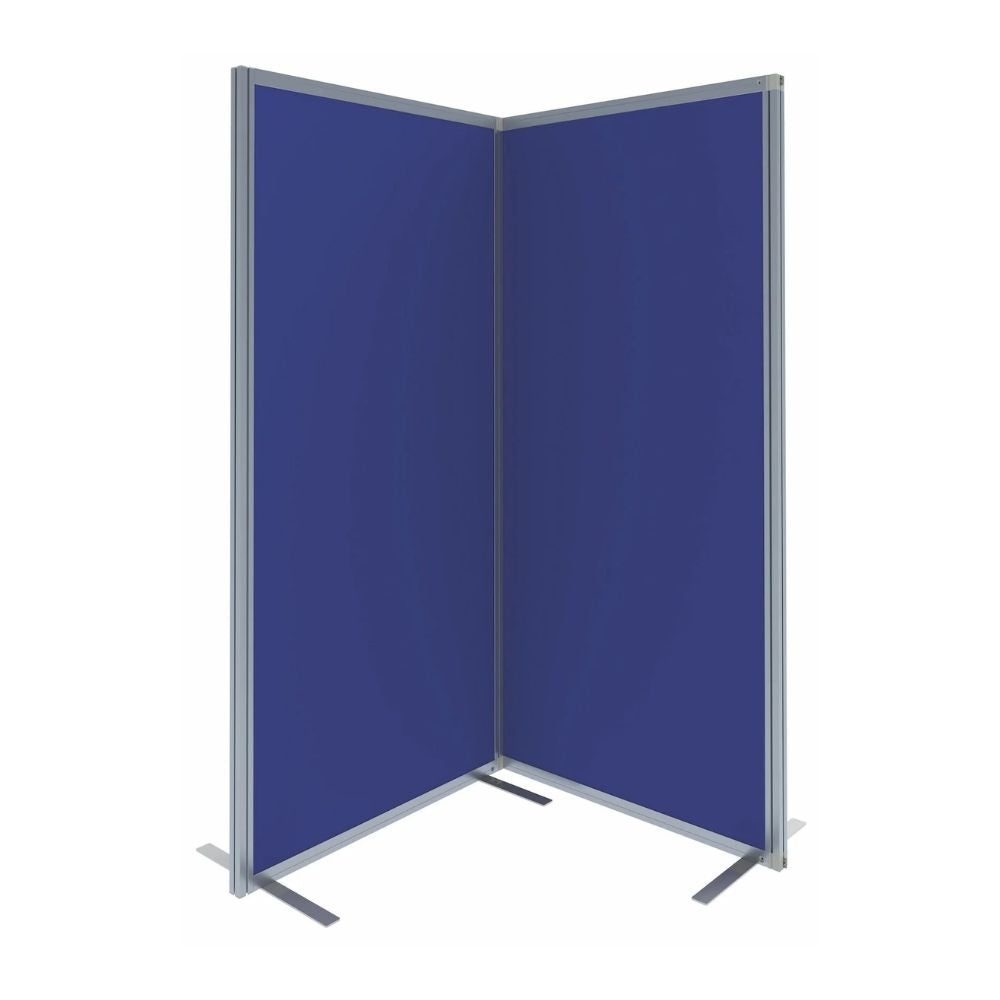 Two-panel office room divider featuring blue felt surfaces and a silver metal frame with stabilising feet, positioned at a right angle on a white background.

