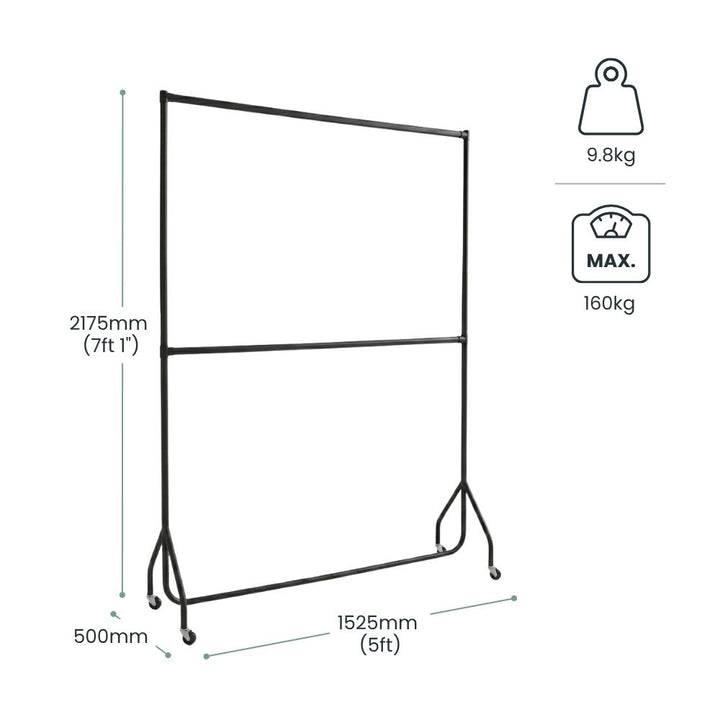 Black two-tier steel clothes rail with dimensions labelled, measuring 5ft wide and 7ft tall, featuring a sturdy frame with 160kg maximum load capacity and castor wheels for mobility.
