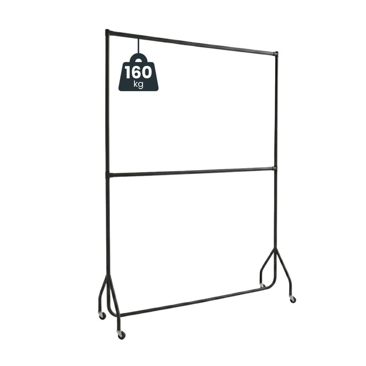 Freestanding two-tier black steel clothes rail with castor wheels, designed for heavy-duty use with a 160kg maximum load capacity.