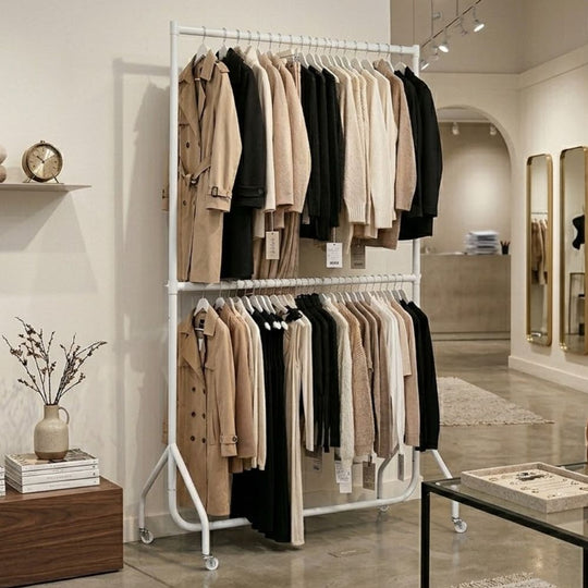 4ft Wide x 7ft Tall Two-Tier White Commercial Grade Heavy Duty Steel Clothes Rail With 160kg Load Capacity