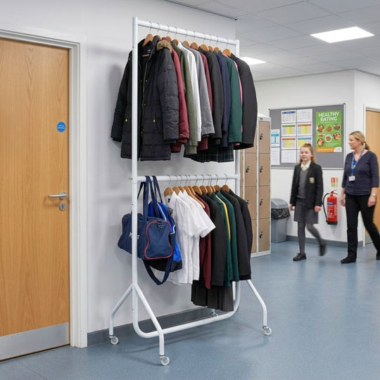 3ft Wide x 7ft Tall Two-Tier White Commercial Grade Heavy Duty Steel Clothes Rail With 160kg Load Capacity