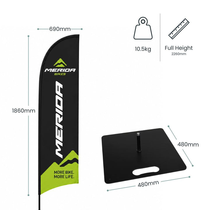 Technical specification image showing Merida Bikes feather flag dimensions with indoor steel base and 2260mm full display height for retail environments.