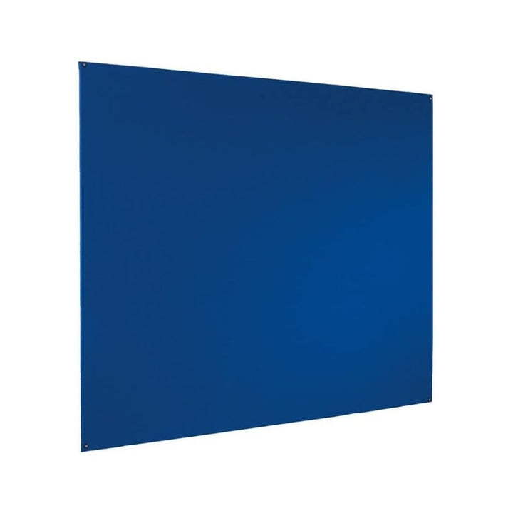 Frameless construction shown from the side, blue felt carried over every edge and a fixing point in each corner so panels tile into one run.

