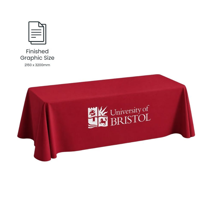 Custom printed red University of Bristol tablecloth with finished graphic size information for exhibitions, conferences and branded event displays.
