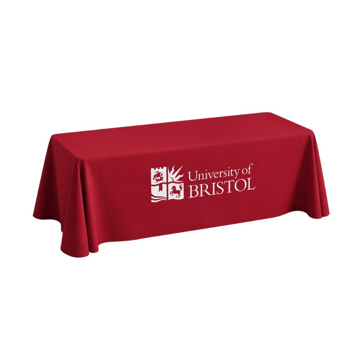 Red branded tablecloth featuring University of Bristol logo and crest for conferences, exhibitions and promotional events.