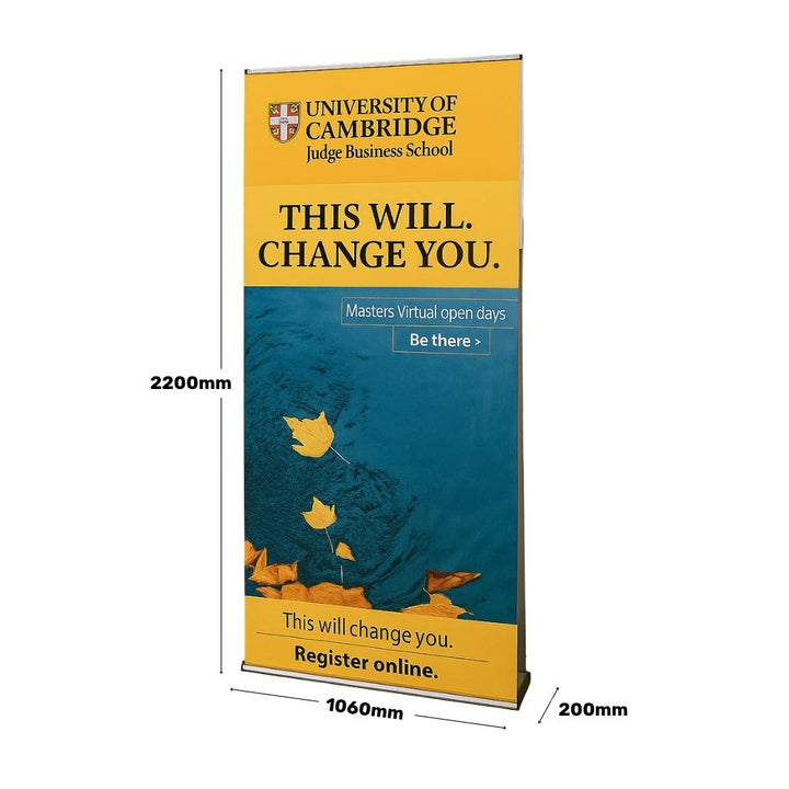 Detailed view of Cambridge business school roller banner with dimensions, used for advertising virtual open days at educational fairs and campuses.

