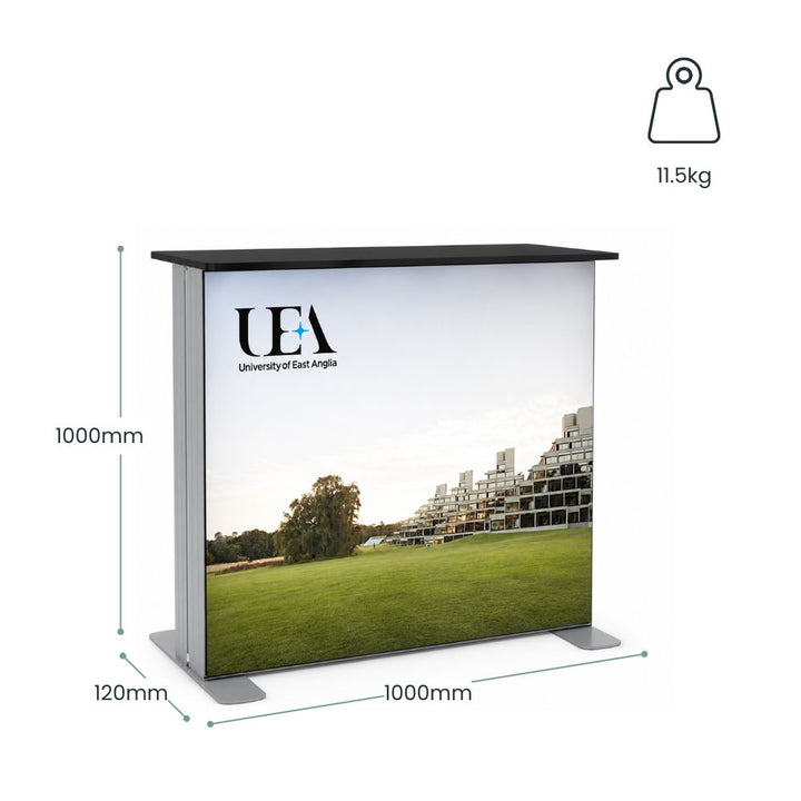 University of East Anglia branded LED counter with annotated dimensions, 11.5kg weight specification and illuminated exhibition graphic panel.