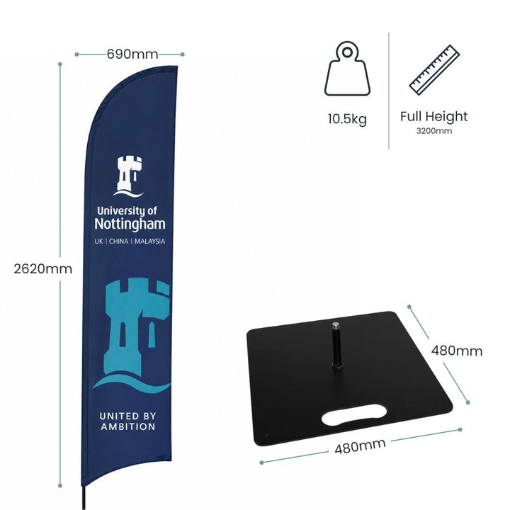 University of Nottingham feather flag banner with dimensions, weighted indoor base and full-height promotional display measurements.