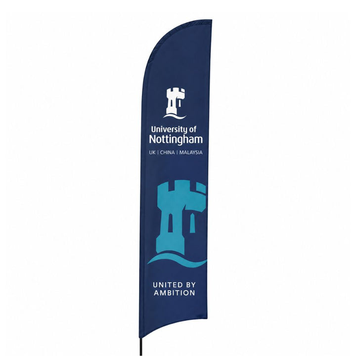 Blue University of Nottingham feather flag banner with university branding and slogan on a freestanding indoor display pole.