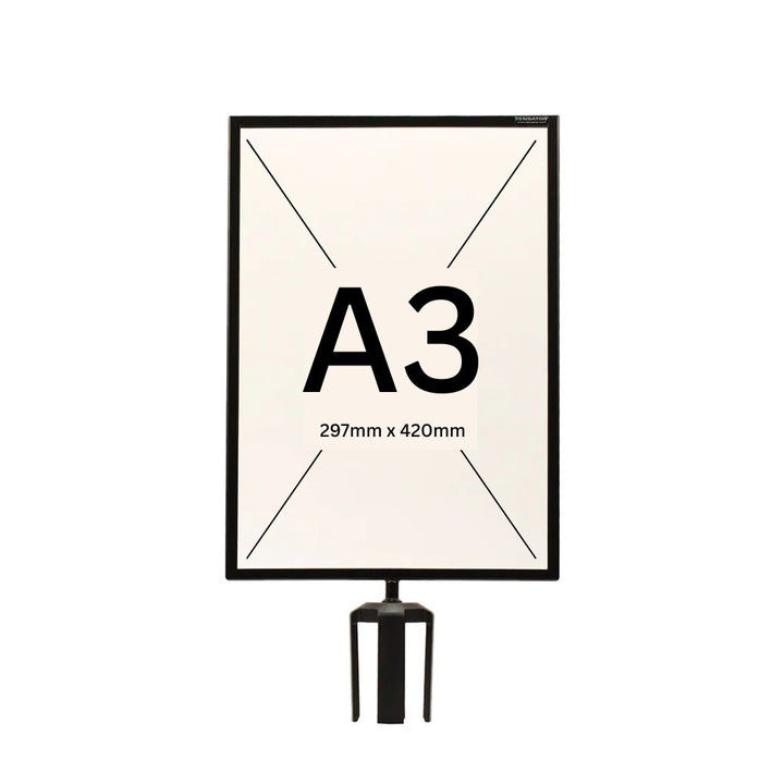 A vertical black barrier sign holder featuring an A3-sized frame for larger display posters.