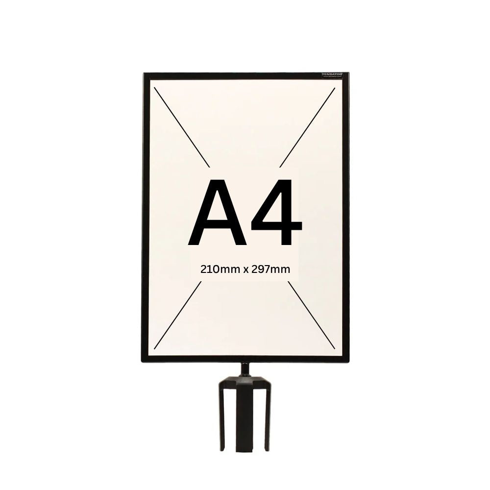 A vertical black barrier sign holder featuring an A4-sized frame for promotional materials.
