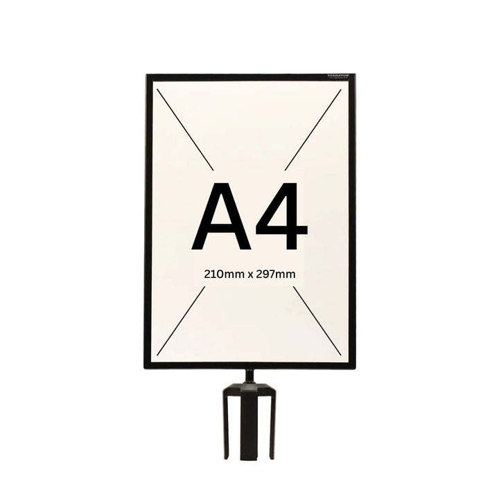 A vertical black barrier sign holder featuring an A4-sized frame for promotional materials.
