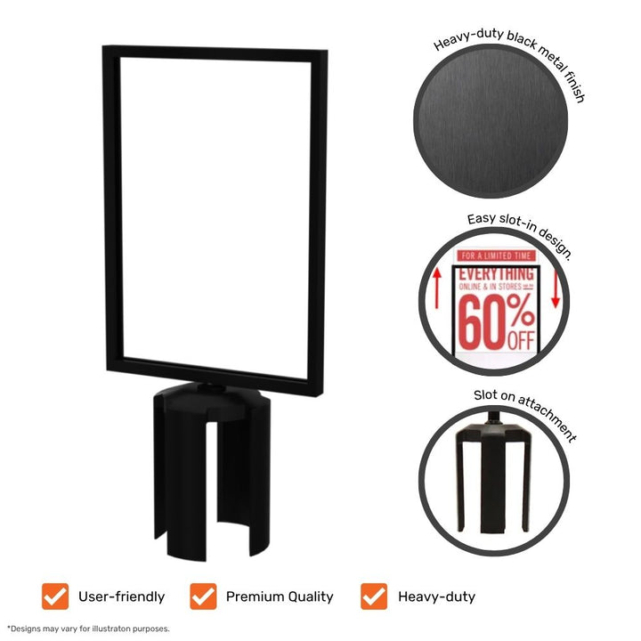 A vertical black barrier sign holder highlighting features like heavy-duty metal finish, easy slot-in design, and poster compatibility.