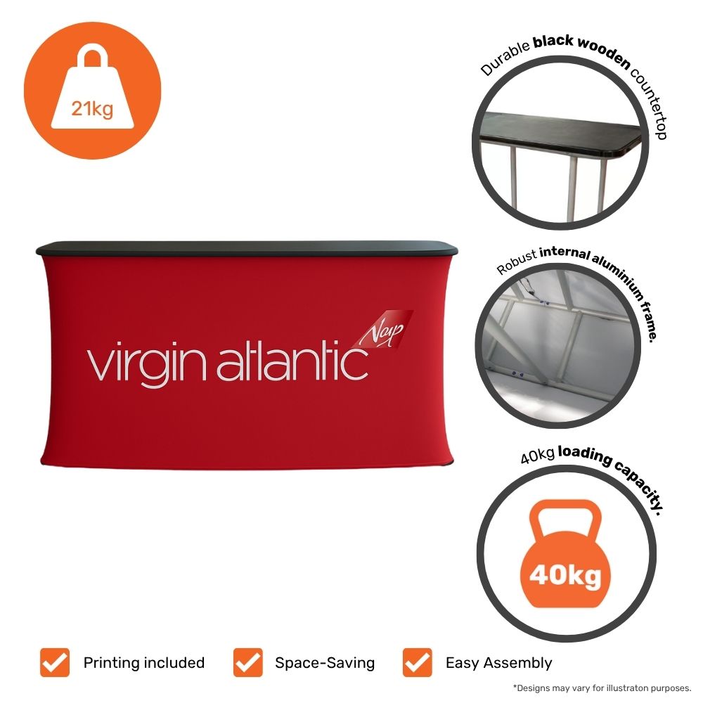 Printed trade show counter – extra-wide 1950mm fabric design with black wood top for product demos and brand visibility  