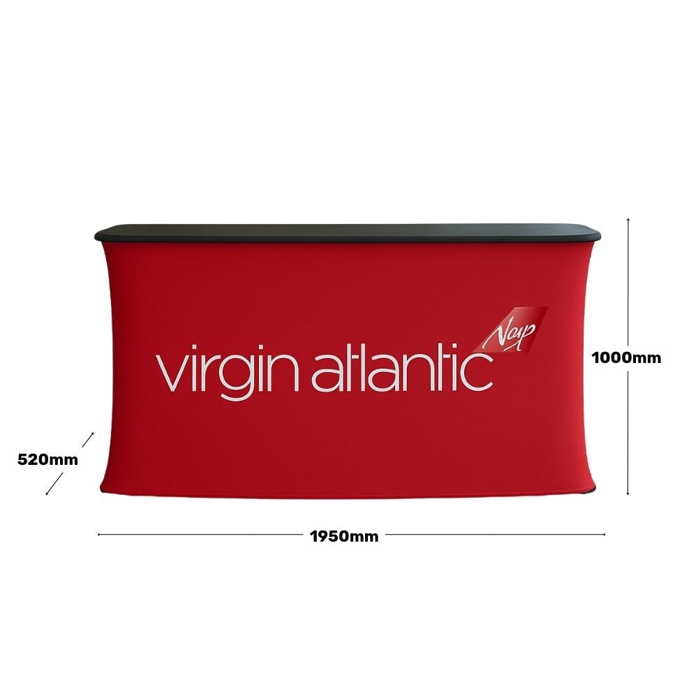 Rectangular branded display counter – 1950mm fabric stand with durable black wood top for expos, fairs and retail displays  