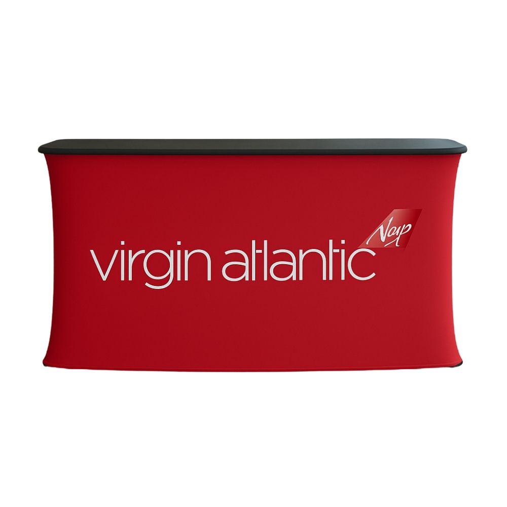 1950mm rectangular fabric counter – black wooden top and full-colour print ideal for promotional booths and exhibitions  