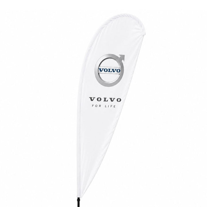 White Volvo promotional teardrop banner featuring Volvo For Life branding for car dealerships, events and outdoor advertising.