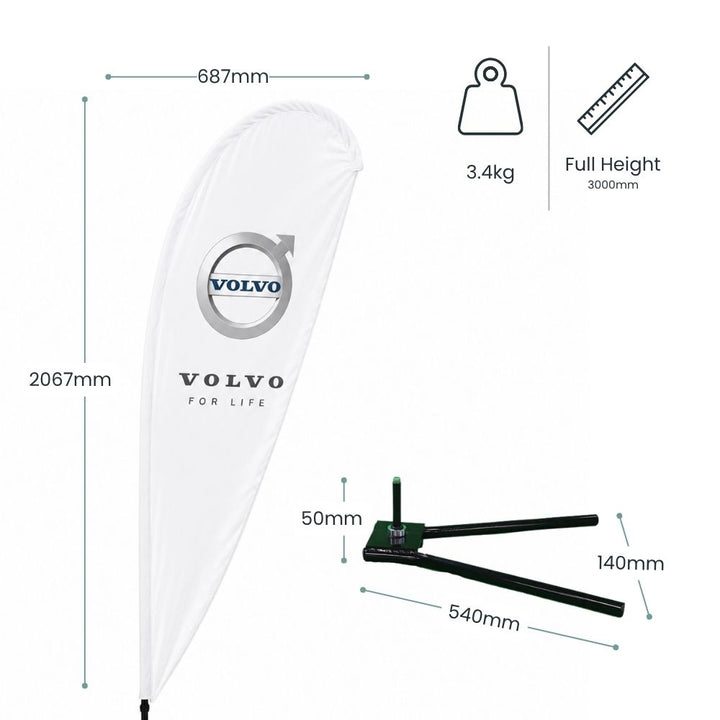 Specification image showing Volvo teardrop flag dimensions with ground spike base and full 3000mm display height.