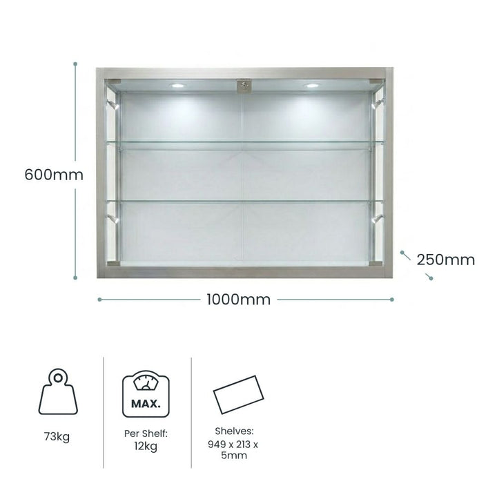 Dimension diagram for the 1000mm wall-mounted glass cabinet: 600mm tall, 1000mm wide, 250mm deep, 73kg total weight, 12kg per shelf maximum and shelves measuring 949 × 213 × 5mm.
