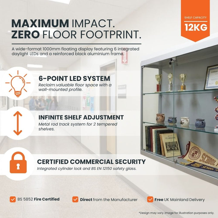 Feature graphic for the 1000mm wall-mounted glass cabinet: 6-point LED system, infinite shelf adjustment via metal rod track, cylinder-lock security with BS EN 12150 glass, BS 5852 fire certified and free UK delivery.
