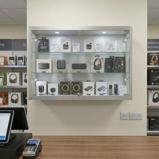 Silver Aluminium Wall Mounted Glass Display Cabinet Lockable with 2 Adjustable Shelves and 6 Spotlights - 1000mm