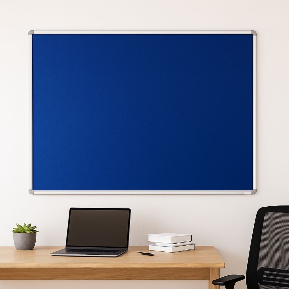 Wall-mounted blue felt noticeboard with silver aluminium frame, displayed above a modern wooden office desk with a laptop, books, pen, and plant on a light background.

