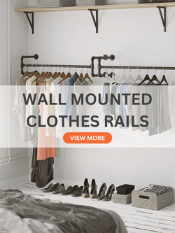 Industrial style wall-mounted clothes rails paired. Showcasing a stylish and organised storage solution.

