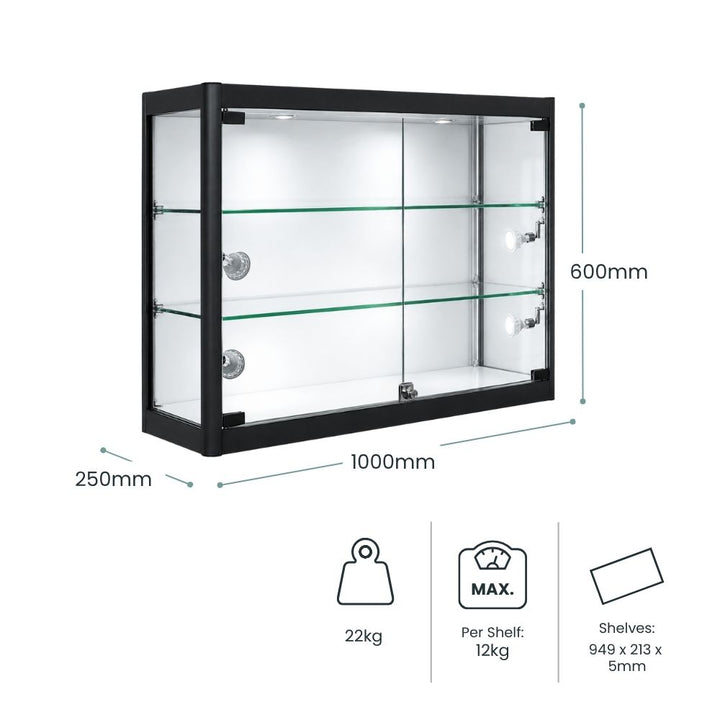 Dimension diagram of a black wall mounted glass display cabinet measuring 1000mm wide, 600mm high and 250mm deep.
