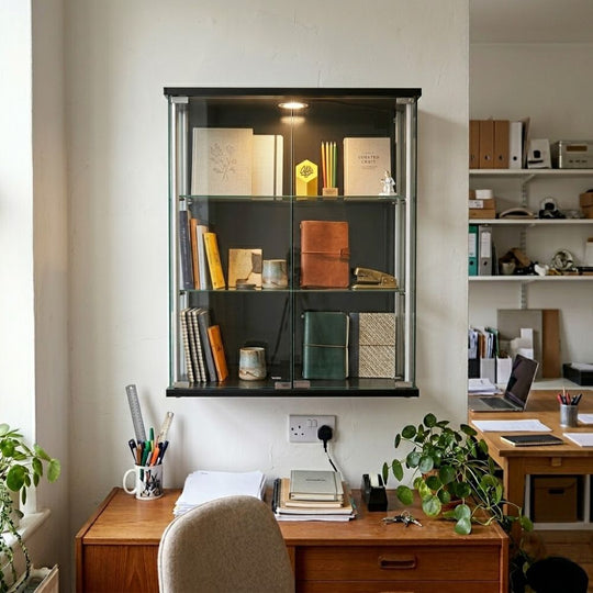 Black Wall Mounted Double Door Display Cabinet with 2 Adjustable Shelves and LED Light - 600mm