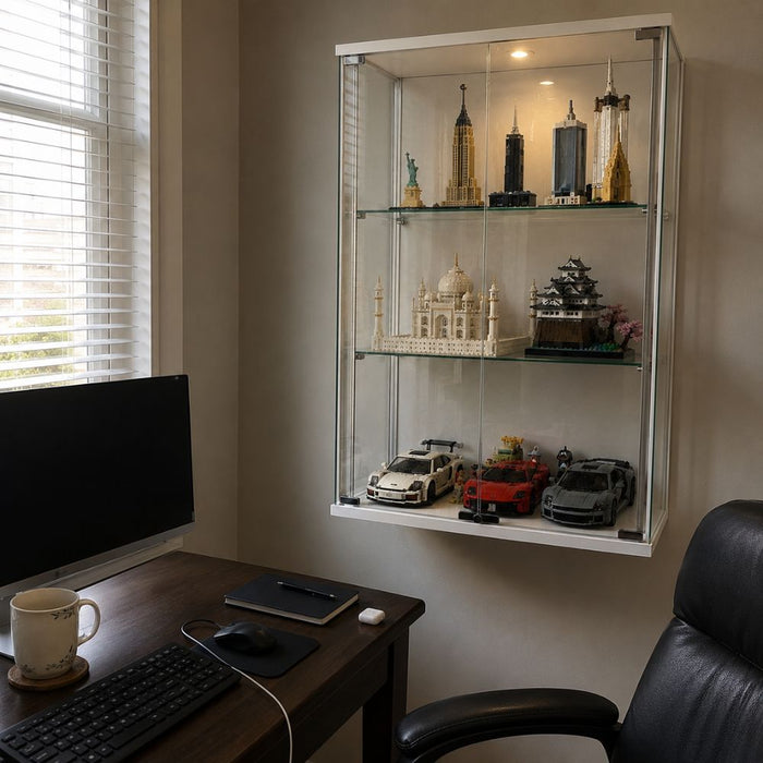 Wall-mounted glass display cabinet for LEGO sets