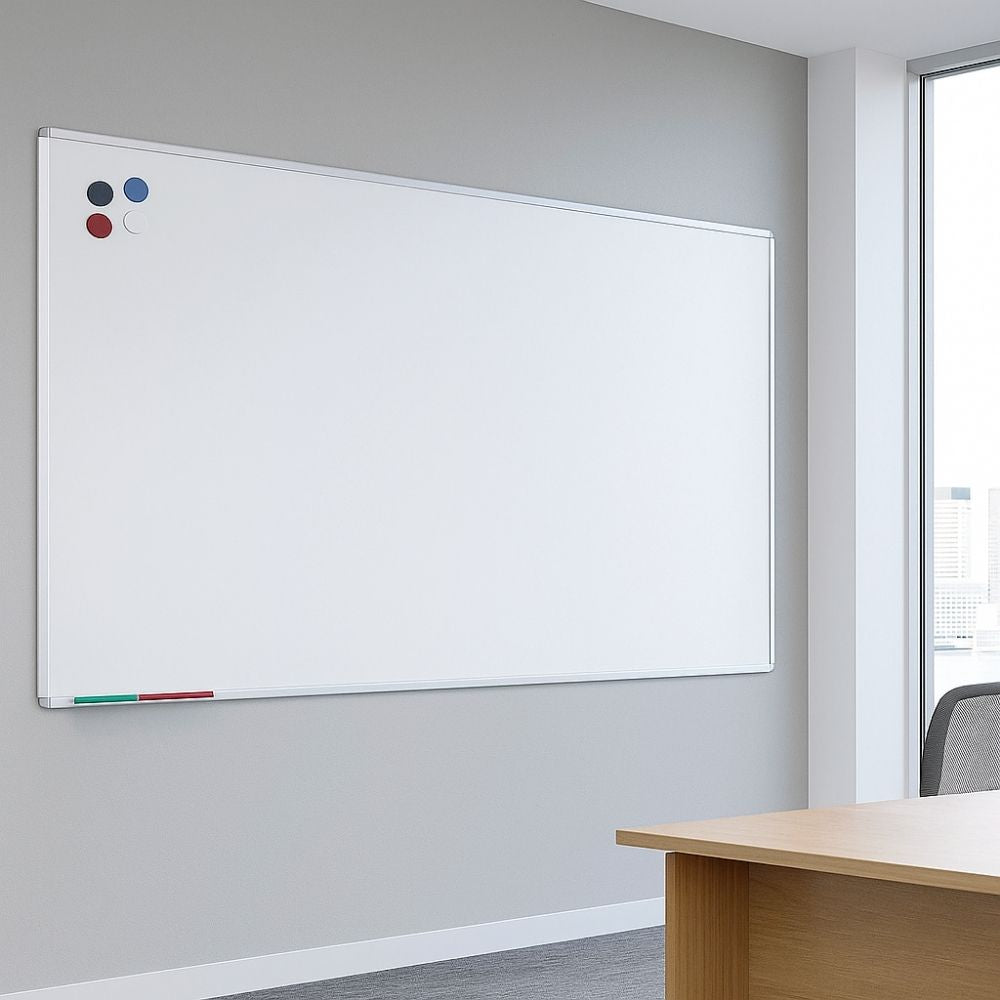 Wall-mounted whiteboard in a modern office meeting room, featuring coloured magnets and marker pens, with a large window offering a city skyline view.

