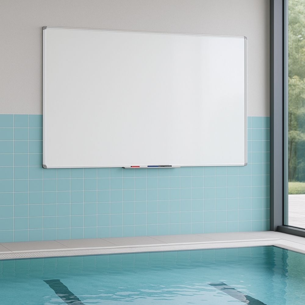 Aluminium-framed whiteboard fixed to a tiled wall beside an indoor swimming pool, with natural light streaming through floor-to-ceiling windows.

