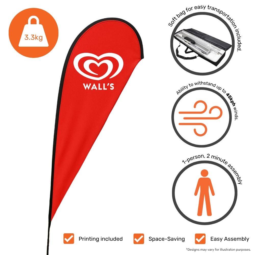 Glass fibre teardrop flag – 3.2m single-sided display with drive-on base for durable forecourt or outdoor branding