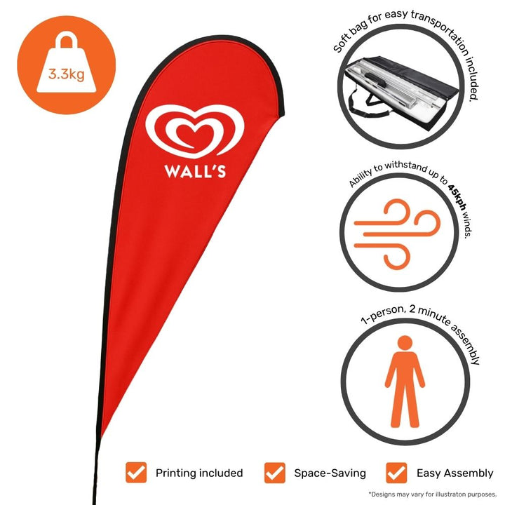 Glass fibre teardrop flag – 3.2m single-sided display with drive-on base for durable forecourt or outdoor branding