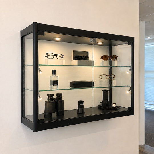 Black Wall Mounted Lockable Glass Display Cabinet with 2 Adjustable Shelves and 6 Spotlights 1000mm Wide