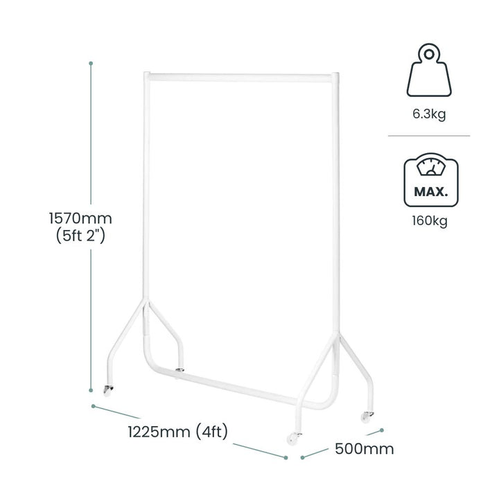 Dimension diagram for a white 4ft clothes rail: 1570mm high, 1225mm wide, 6.3kg unit weight, 160kg max load, shown with castor wheels on a white base.
