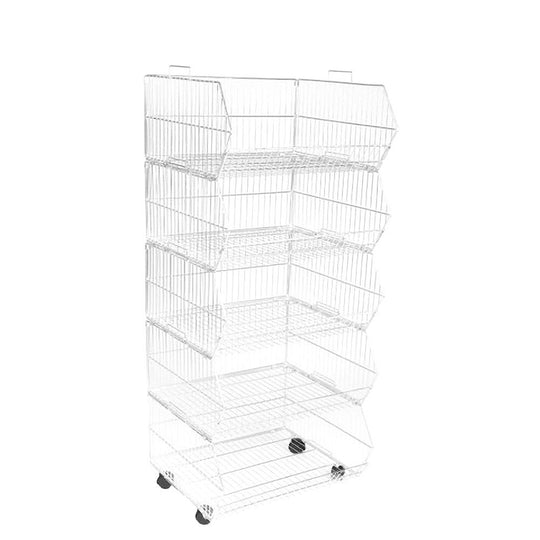 White 5-Tier Collapsible Rust-Resistant Steel Stacking Basket Unit With Detachable Castors - 600mm Wide X 1530mm High X 430mm Deep