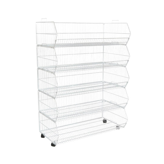 White 5-Tier Collapsible Rust-Resistant Steel Stacking Baskets with Detachable Castors - 1000mm Wide x 1530mm High x 430mm Deep