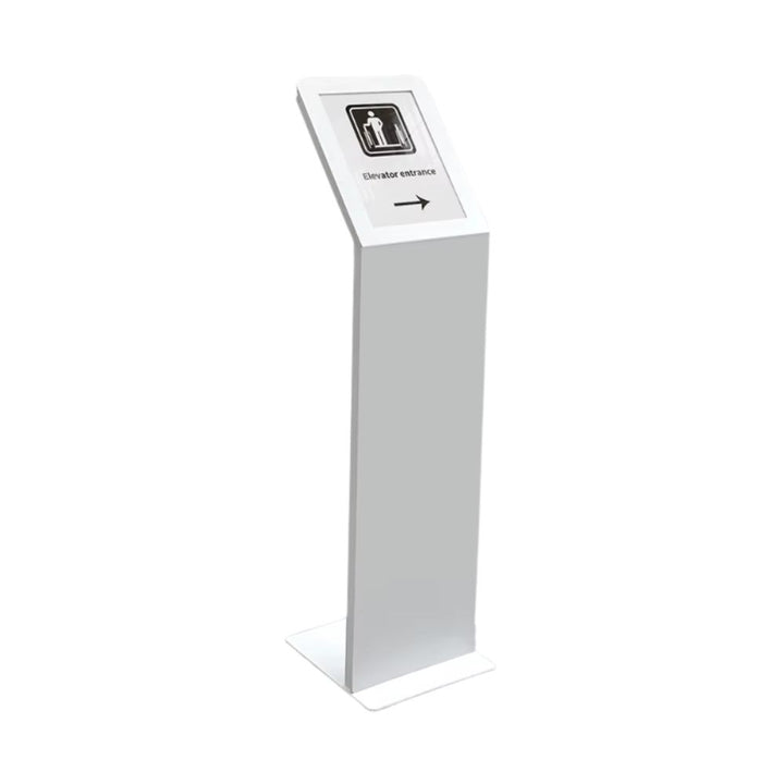 White freestanding A4 poster display stand with angled sign holder showing an elevator entrance wayfinding graphic, on a white background.
