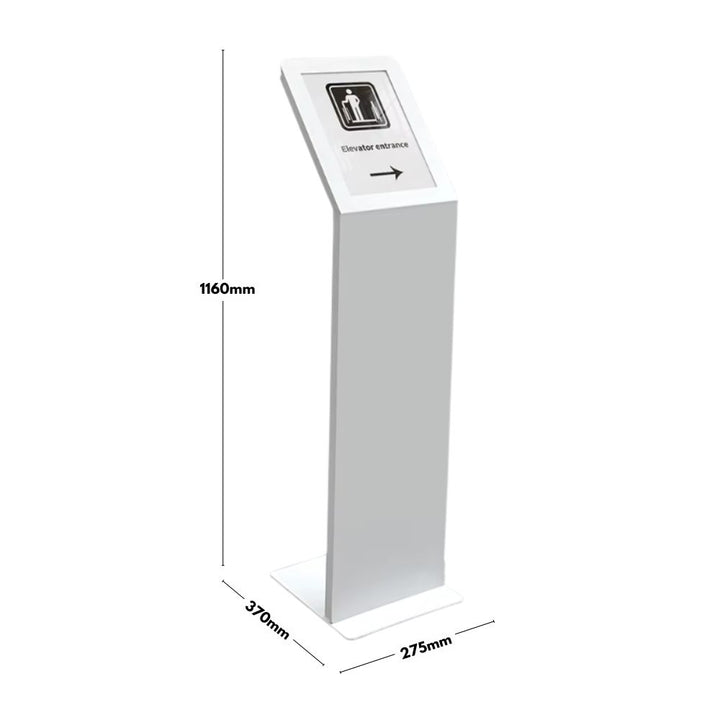 Dimension diagram: white A4 freestanding poster stand 1160mm tall, 370mm deep, 275mm wide, with a 45-degree tilted A4 sign holder at the top.
